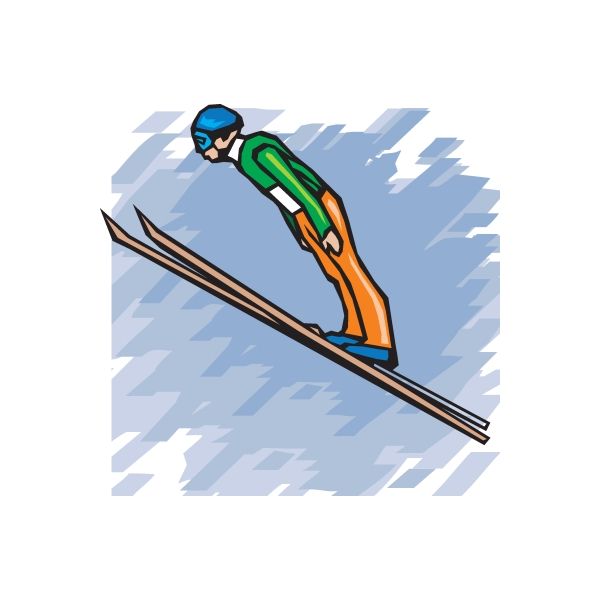 Skiing vinyl decal sticker of a cartoon skier in blue helmet, green and orange suit.