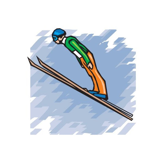 Skiing vinyl decal sticker of a cartoon skier in blue helmet, green and orange suit.