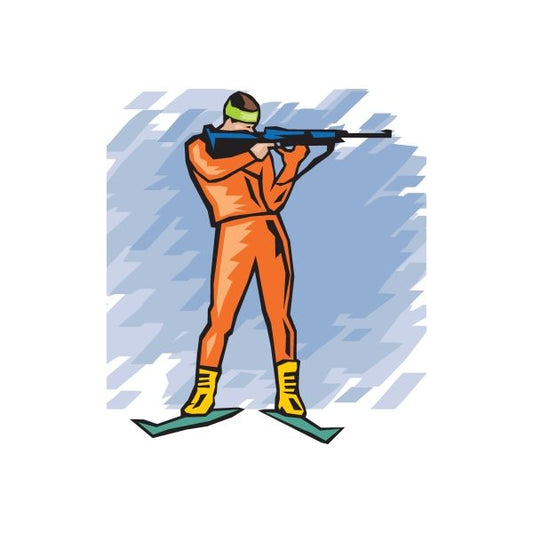 Skiing wall decal sticker featuring orange skier with yellow boots and blue skis
