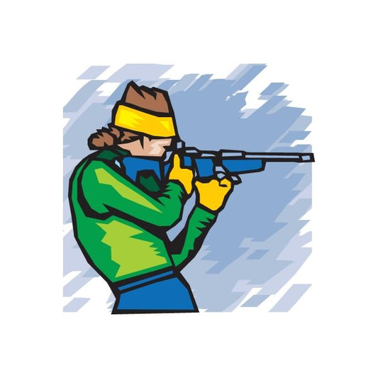 Skiing wall decal of cartoon skier with yellow goggles holding a rifle