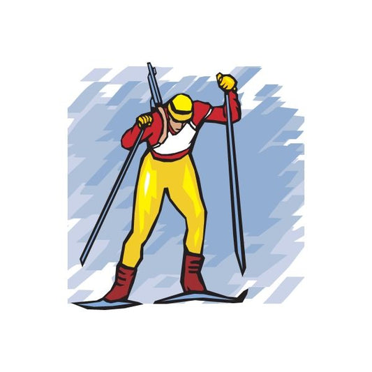Skiing vinyl decal sticker with cartoon skier in red and yellow holding ski poles
