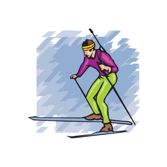 Skiing vinyl wall decal of a skier in purple jacket, green pants, yellow helmet