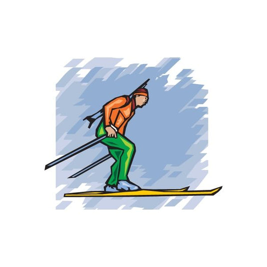 Skiing wall decal sticker with cartoon skier in orange jacket and green pants