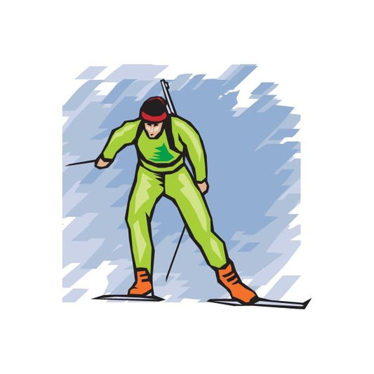 Green skier wall decal sticker with red helmet, standing on skis with blue lightning behind