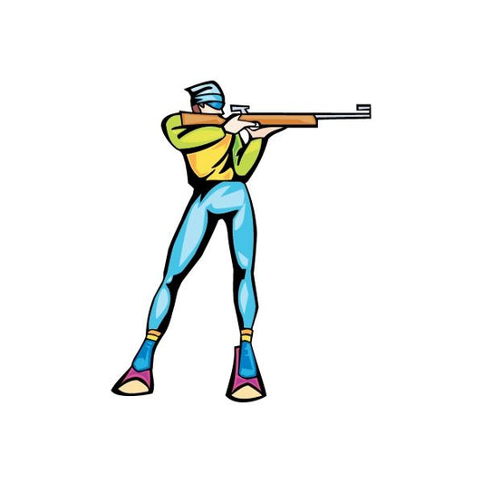 Skiing wall decal sticker of a cartoon skier holding ski pole, colorful outfit