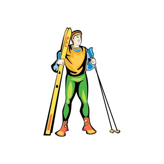 Skiing wall decal sticker of a skier holding yellow skis and ski poles