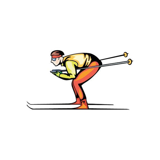 Skiing vinyl decal sticker of cartoon skier in yellow jacket and orange pants