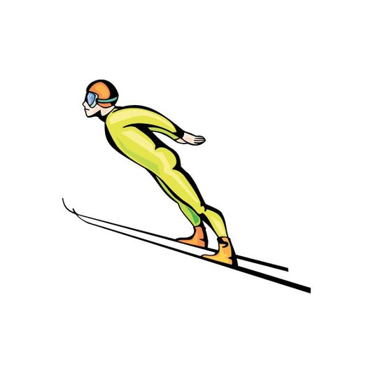 Skiing sticker of a helmeted skier in yellow-green suit on black skis