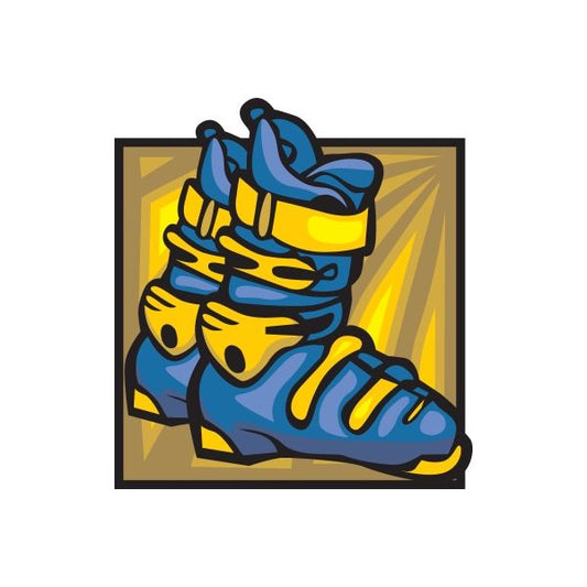 Skiing wall decal of blue ski boot with yellow laces, die-cut vinyl sticker