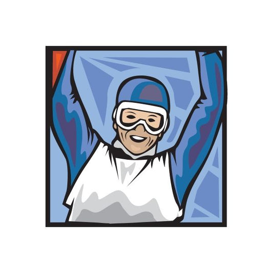 Skier vinyl wall decal sticker with goggles, blue suit, arms raised