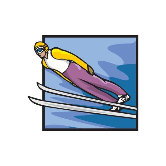 Skiing wall decal sticker: cartoon skier in yellow helmet riding purple skis