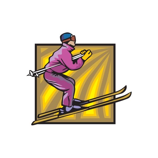 Skiing wall decal sticker with purple skier holding poles on yellow rays