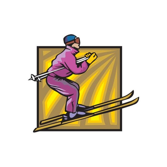 Skiing wall decal sticker with purple skier holding poles on yellow rays