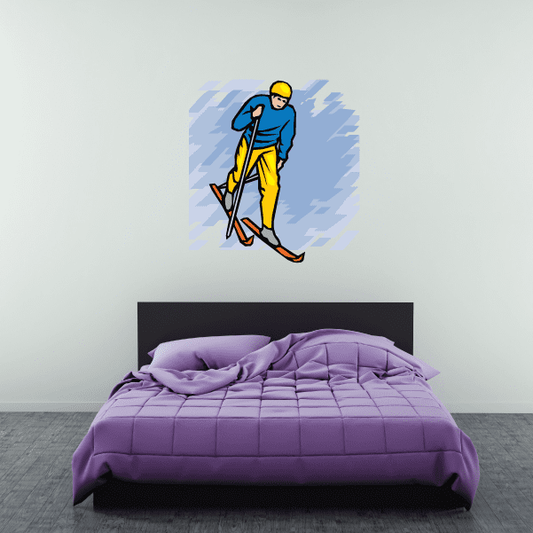 Skiing wall decal vinyl sticker of a skier with skis and pole, die-cut