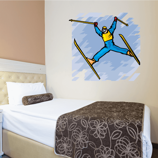 Skiing wall decal vinyl sticker of blue skier jumping with skis