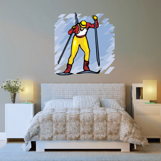 Ski-themed vinyl wall decal sticker featuring a colorful skier holding ski poles