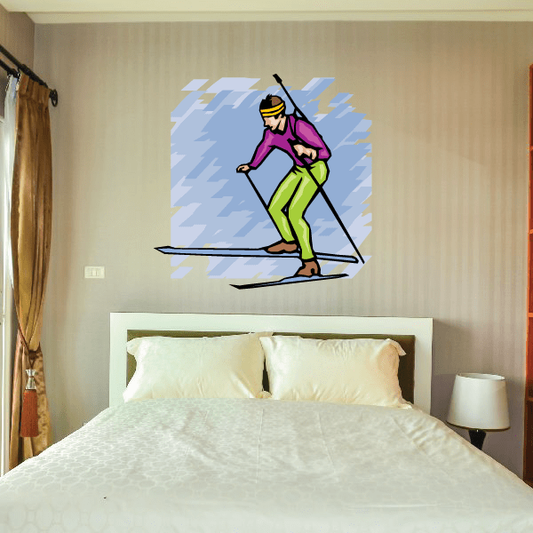 Skiing wall decal vinyl sticker with cartoon skier in purple jacket, yellow pants and skis