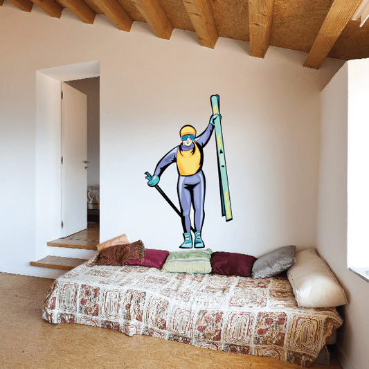 Skiing skier vinyl wall decal sticker, colorful figure with skis