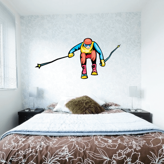 Skiing wall decal vinyl sticker with cartoon skier holding ski poles
