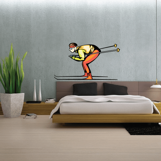 Skiing wall decal sticker showing a colorful cartoon skier mid-action, holding poles