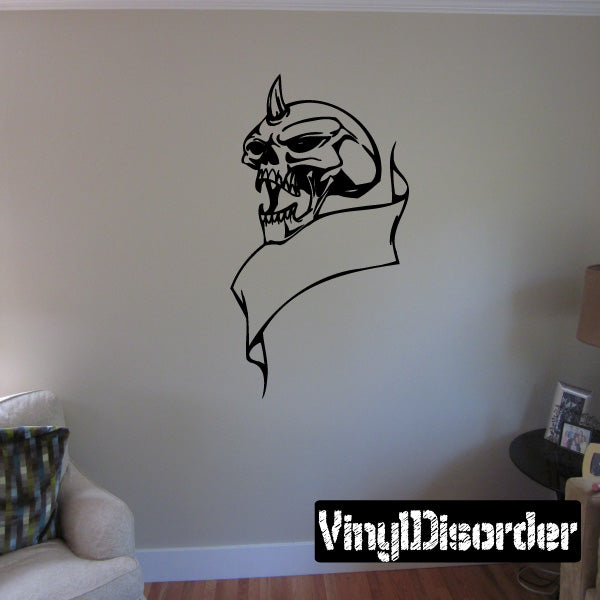 Skull and banner wall decal: black horned skull bust with ribbon banner