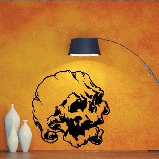 Skull and banner wall decal in black, detailed skull profile with banner shape