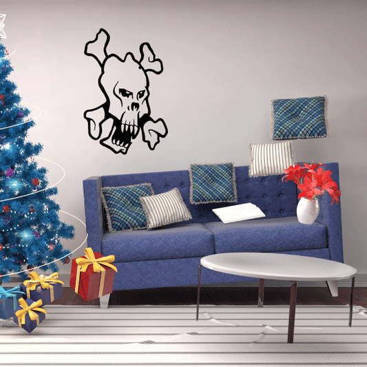 Skull and crossbones wall decal in black outline, with skull and two crossed bones