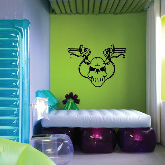 Skull and handlebars wall decal with black line-art skull and handle bars