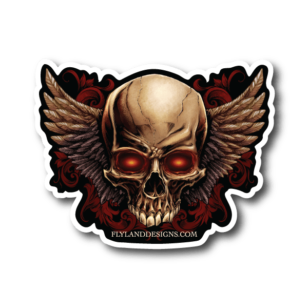 Skull and wing vinyl sticker with red glowing eyes and ornate dark accents