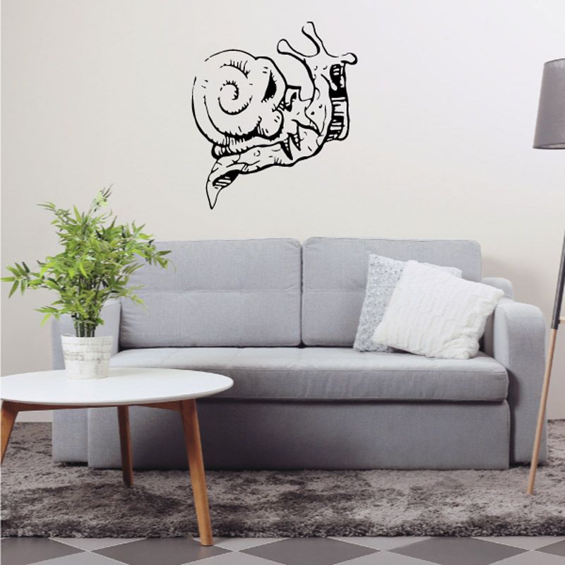 Snail wall decal with skull back shell, black line art on light background
