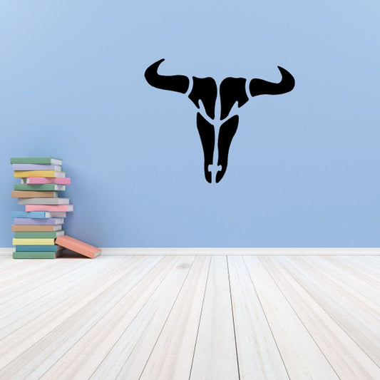 Black bull skull wall decal with long horns.