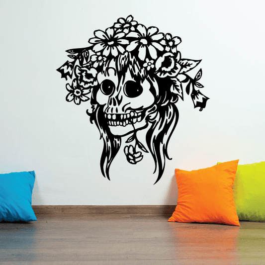 Skull wall decal with floral headpiece and long hair, black-and-white