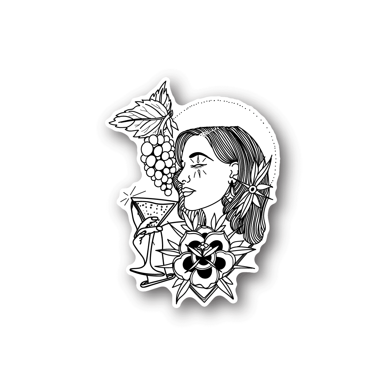 Vinyl sticker with skull-themed woman profile and flowers