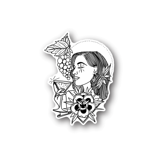 Vinyl sticker with skull-themed woman profile and flowers