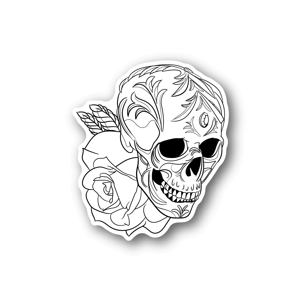 Skull and flower vinyl sticker with white line art