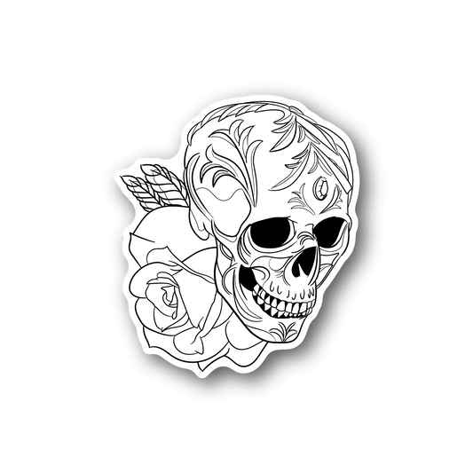 Skull and flower vinyl sticker with white line art