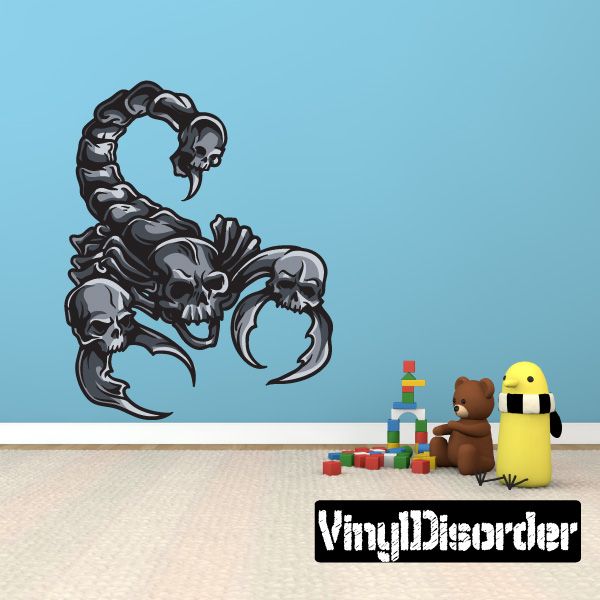 Scorpion-headed skull sticker, black and gray illustration
