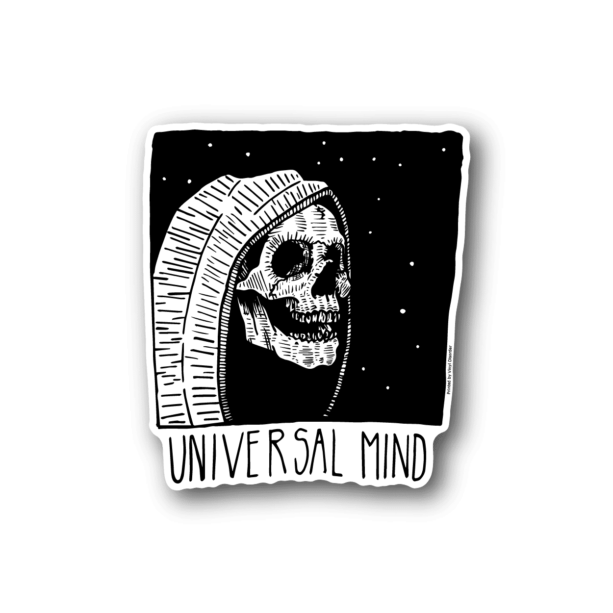 Vinyl sticker: skull in space arch with "Universal Mind" text