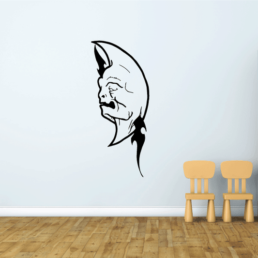 Skull in moon wall decal, black and white crescent moon with snarling profile