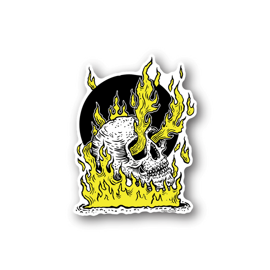 Vinyl sticker of a skull with bright yellow-green flames