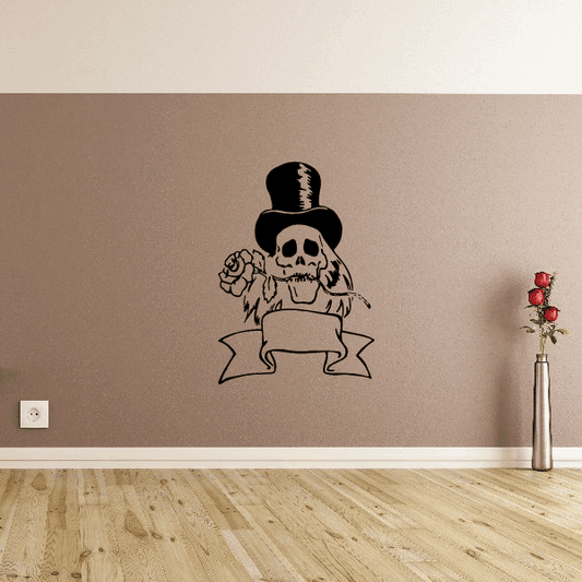 Skull wearing a top hat with banner tattoo-style wall decal, black outline