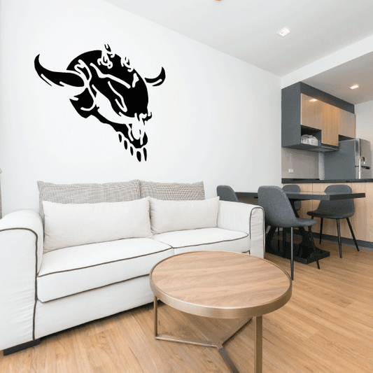 Black skull vinyl wall decal with flame details