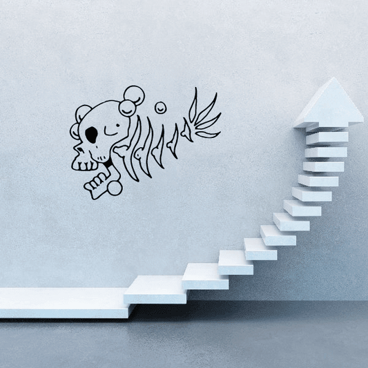 Skull head fish skeleton wall decal with flame accents, black outline