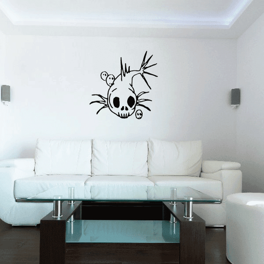 Skeleton fish wall decal, black and white line art skull with fins and bubbles