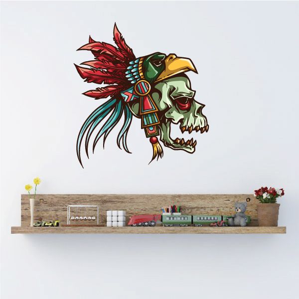 Skull with bird headdress decal with colorful feathered wings