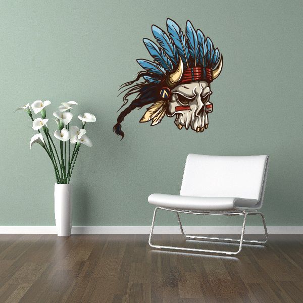 Skull with buffalo horn headdress sticker, white skull with blue feather headdress and gold horns