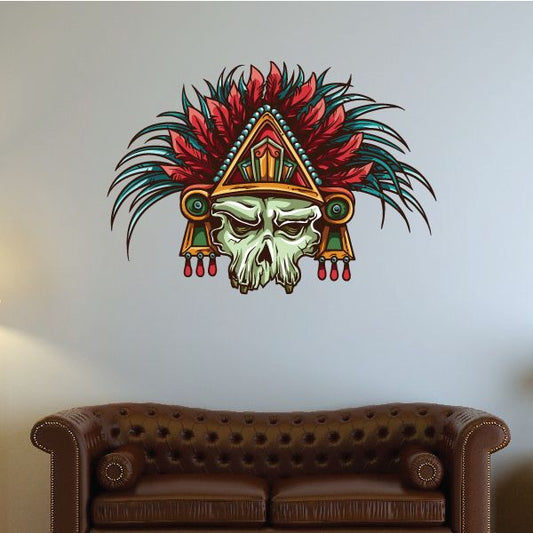Ceremonial headdress skull decal, green skull with red feather plume and gold crown