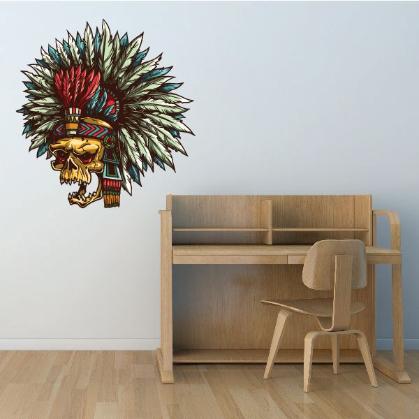 Skull decal with colorful feather headdress and ornate band