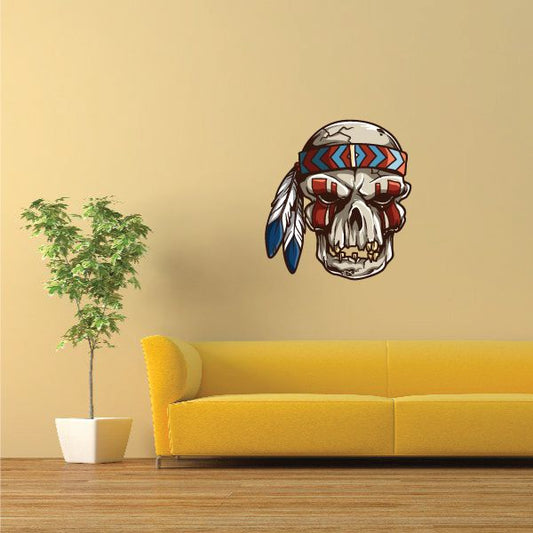Skull with feather headband sticker, multicolor tribal pattern
