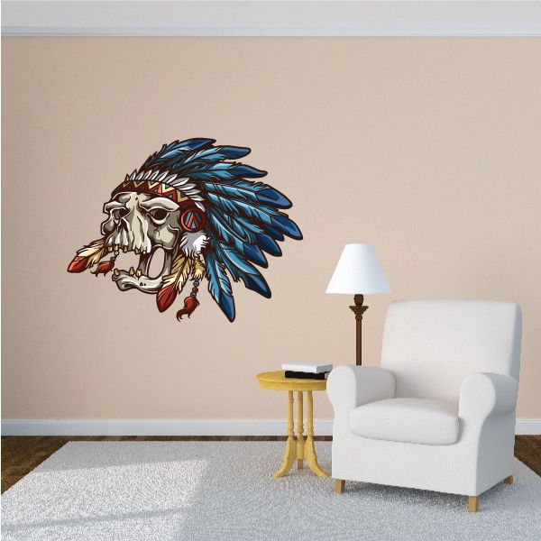 Skull with headdress wall decal, white skull with blue and red feather design.
